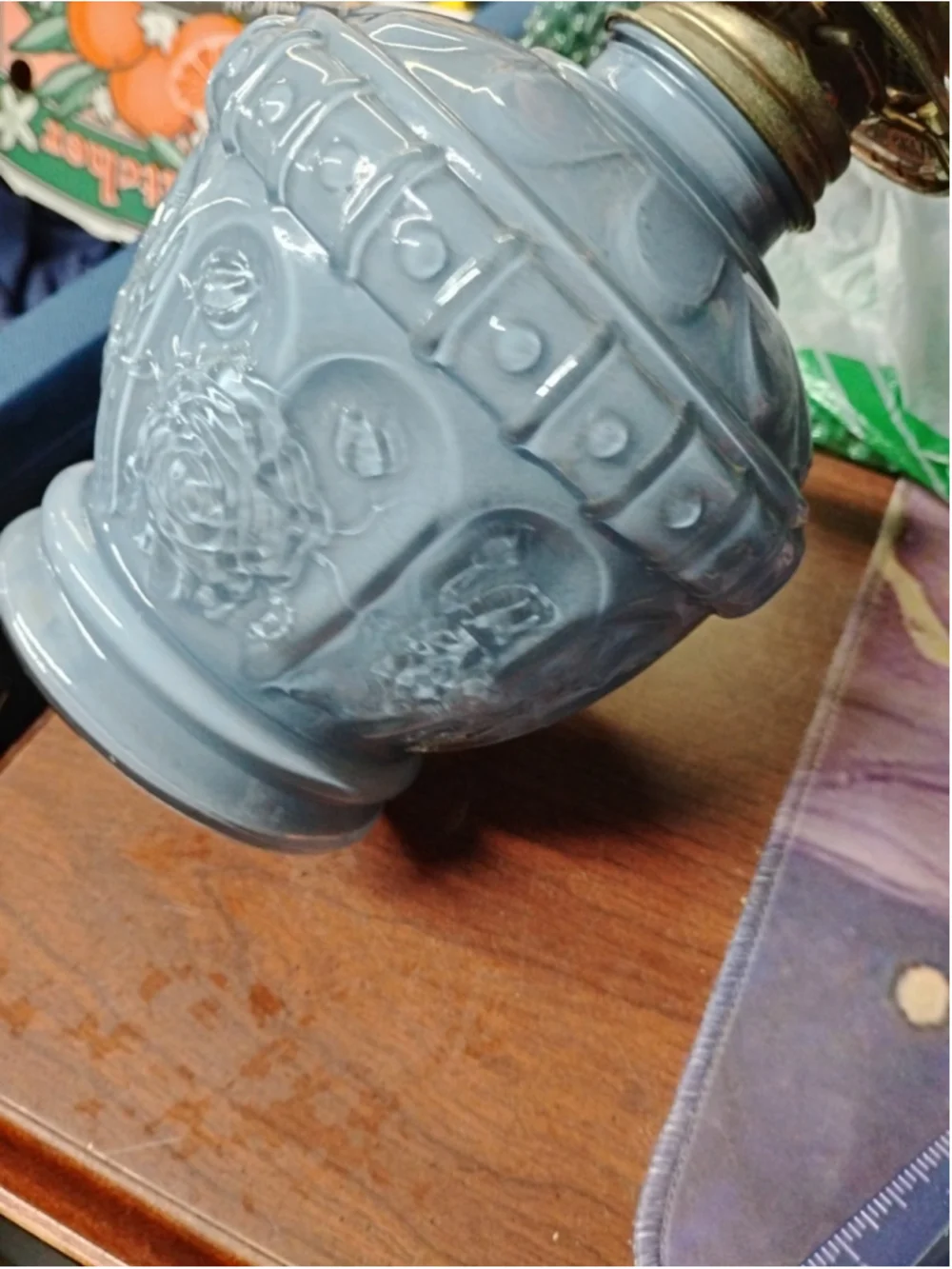 VTG 1988 Kaadan LTD Embossed Rose Bud Pale Blue Glass Paraffin/ Oil Lamp Base